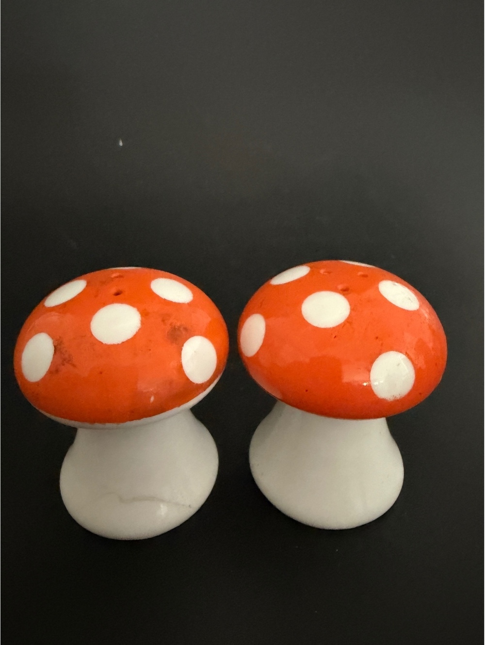 Vintage Ceramic Mushroom Salt and Pepper Shakers Orange with White Polka dots